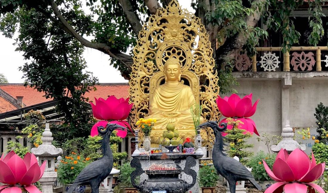 Tượng Phật Tổ ngự đài hoa sen dưới gốc bồ đề